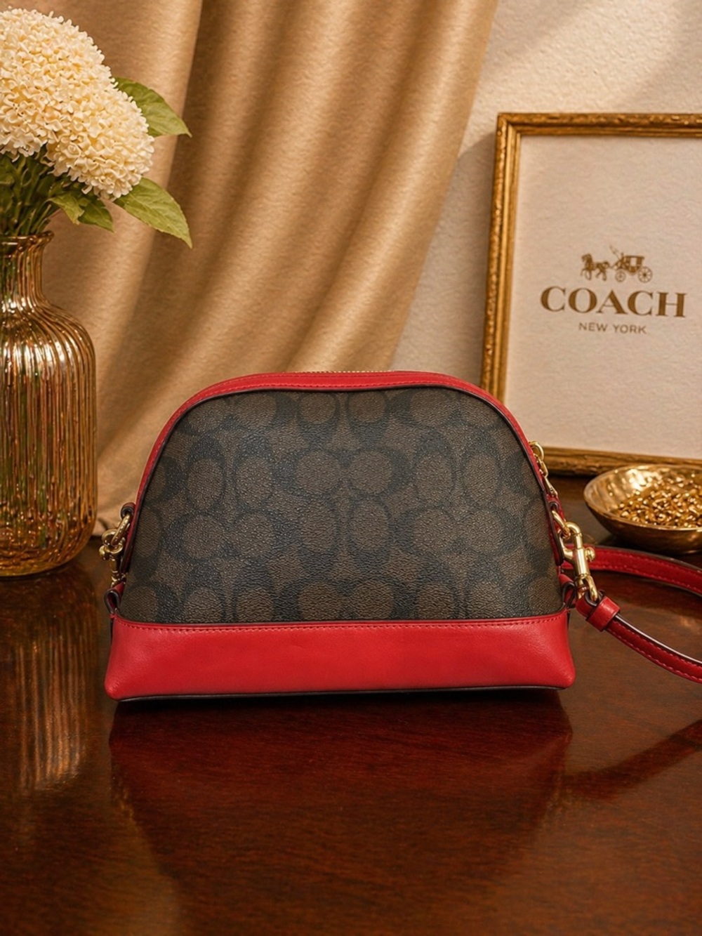 Coach Dome Crossbody in Signature Brown Coated Canvas & True Red Leather Trim - Picture 4 of 11